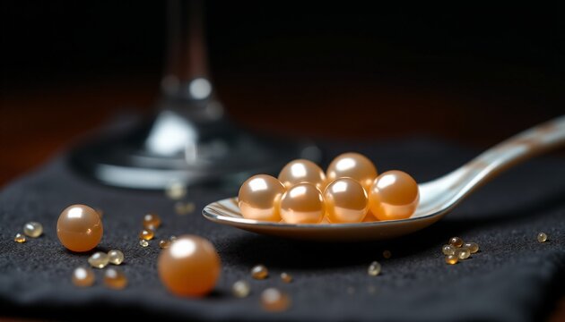 Golden caviar pearls on a silver spoon macro shot