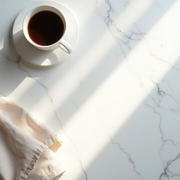 Light falls on a coffee cup on a marble table next to a cloth in the morning