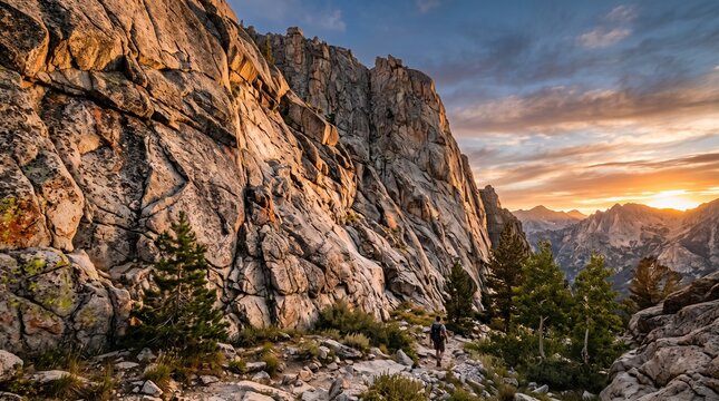 Hiker walking on mountain trail at sunset