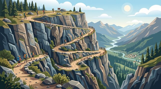 Hikers walking on a winding mountain trail in the valley