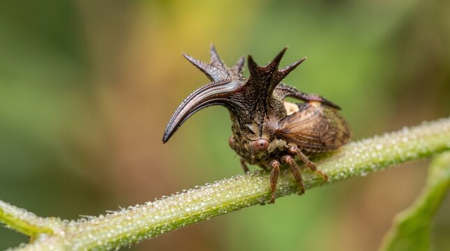 Macro shot of a thorn bug on a dew covered plant stem