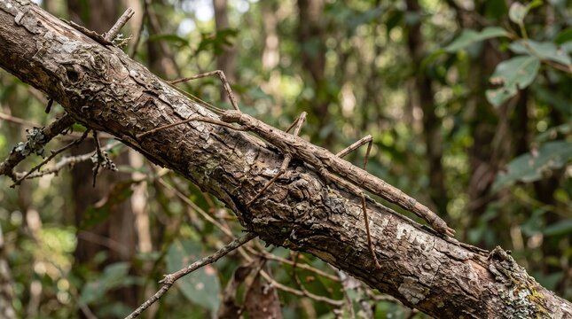 Stick insect camouflaged on a tree branch in the forest