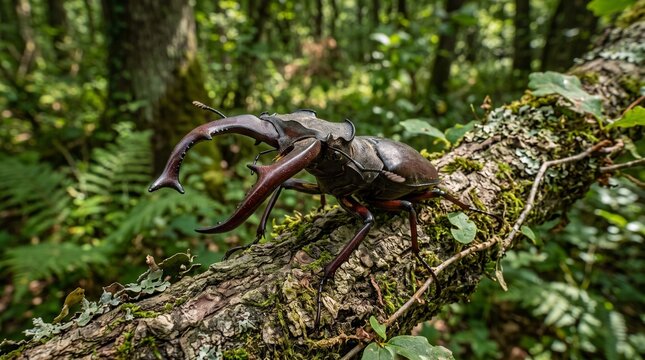 Stag beetle on a mossy tree branch in the forest
