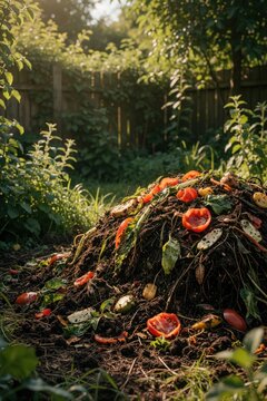 Organic kitchen scraps pile up in a garden compost pit. Vegetables and plant matter rot outdoors, creating rich soil fertilizer for future growth. Eco friendly waste management.