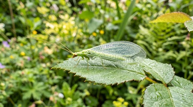 Green lacewing insect on a leaf in a garden