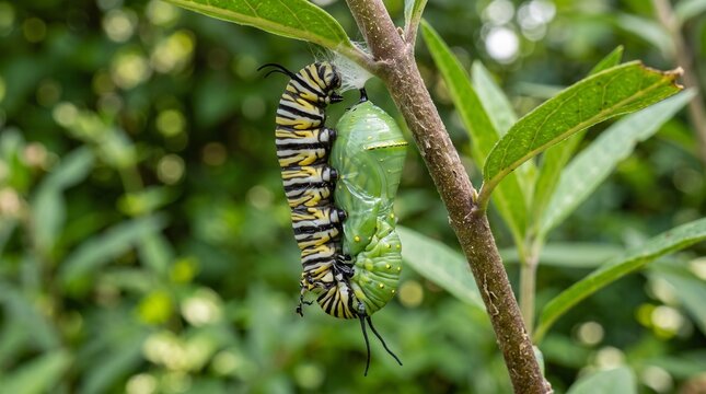 Monarch caterpillar shedding skin to form a chrysalis