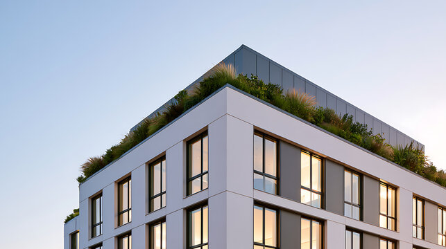 Modern architectural building with green roof against clear sky, showcasing sustainable design and urban development