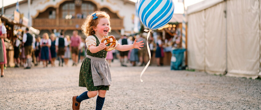 Happy girl in traditional Bavarian dress holding a pretzel and reaching for a balloon at Oktoberfest fair. Family celebration, German culture and festive folk tradition.