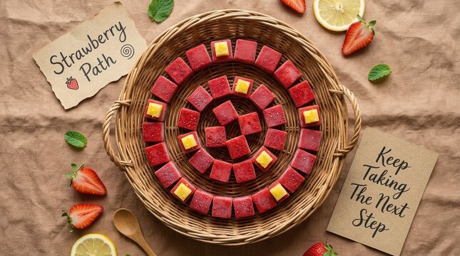 Sweet strawberry fruit cubes with pineapple toppings arranged in a spiral inside a wicker basket on rustic fabric with fresh berries and lemons, representing healthy lifestyles and organic food