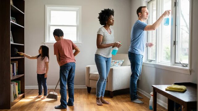 Multigenerational family cleaning home, a woman, man, boy, and girl participate in household chores, working together.