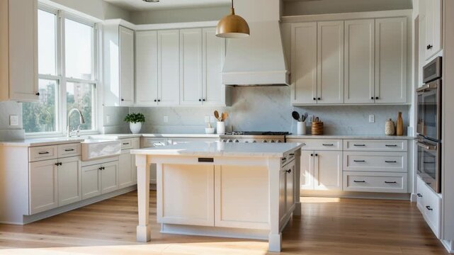 Moving boxes in an empty room transform into a modern kitchen, illustrating the relocation and home furnishing process.