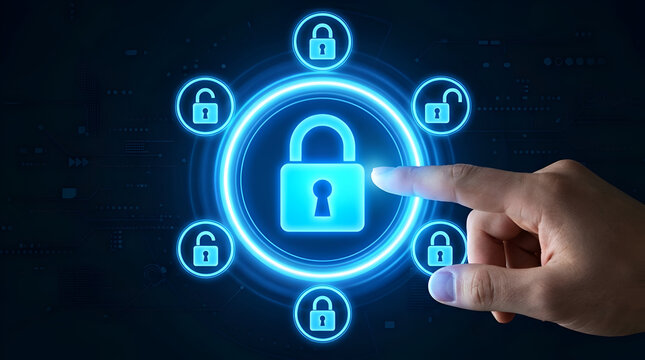 Human finger presses a glowing digital padlock icon representing cybersecurity and data protection.