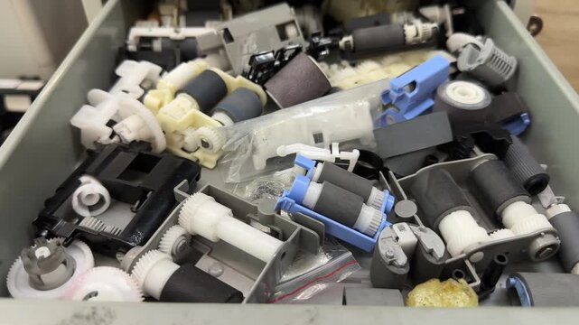 Drawer full of printer spare parts with plastic gears and rubber rollers in workshop. Repair service, equipment maintenance, office technology