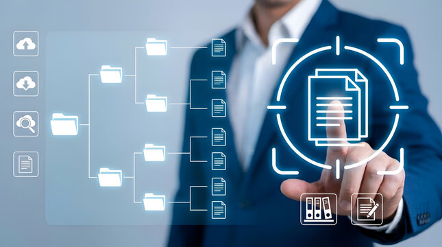 Businessman interacts with a virtual document management system and file folder interface.