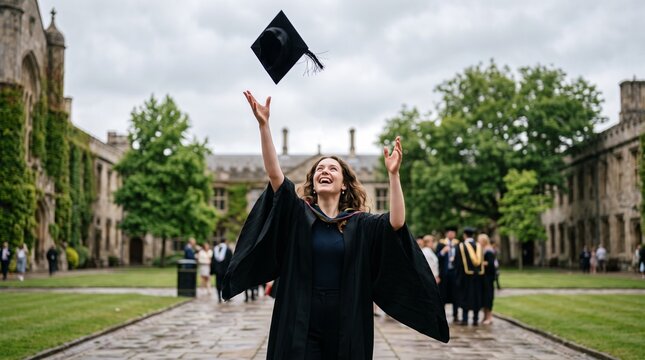 Joyful graduate tosses cap in air celebrating academic achievement at historic university campus