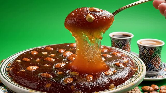 Classic Omani Halwa Dessert Isolated On Pure Chroma Key Green Background For Culinary Photography And Commercial Use