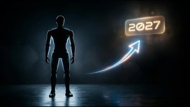 Man standing in dark space with glowing arrow pointing to 2027 year sign. Digital conceptual animation celebrating New Year. Future success growth light effect.