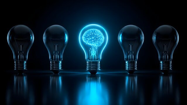 Glowing blue lightbulb with a digital cybernetic brain inside standing out among unlit bulbs representing artificial intelligence and innovative ideas.