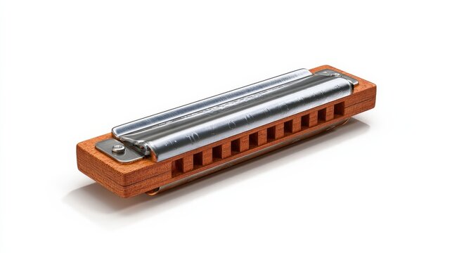 Ten-hole harmonica close-up on bright white studio surface