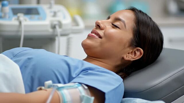 Close-Up of a Calm Blood Donor's Face During Donation in a Clinical Medical Setting with Visible Equipment and Supportive Care Environment