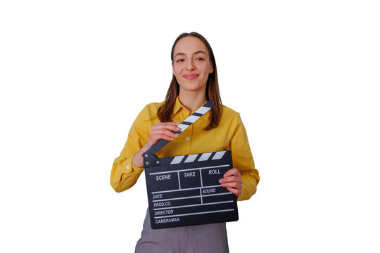 Woman holding film clapperboard for movie production, cinematography and video creating, smiling on transparent background