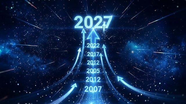 Progress arrow moving toward 2027 in deep space. New Year timeline showing historical years passing. Future trend growth concept with nebula and starlight background.