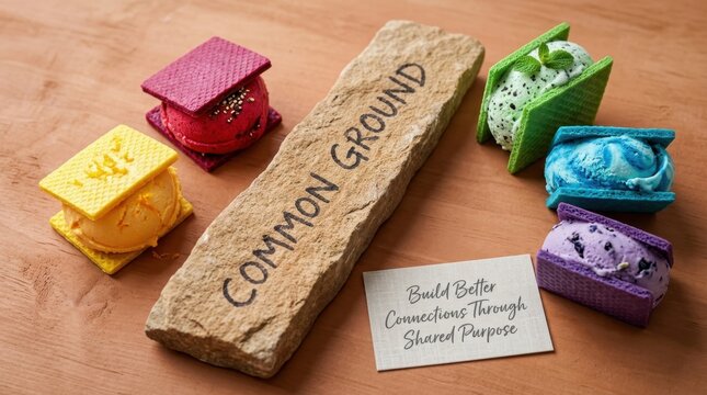 Diverse rainbow ice cream wafer sandwiches around a common ground stone representing teamwork and unity, perfect for corporate values, connection, and shared purpose themes in professional situations.