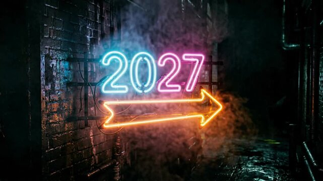 Glowing neon 2027 sign with direction arrow on urban brick wall. Abstract New Year celebration concept. Future date lighting display in dark misty street alleyway.