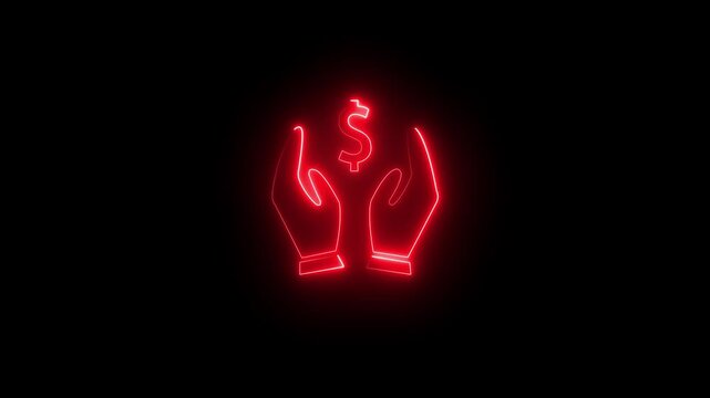 Glowing blue neon hands cradling dollar sign money growth finance symbol.glowing dollar sign icon animation, neon finance symbol loop, digital payment hand gesture motion, futuristic money