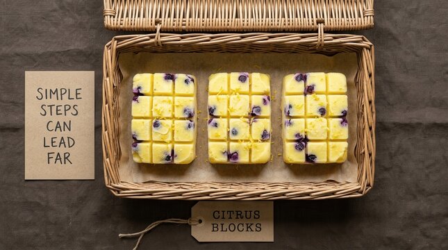 Three fresh lemon blueberry citrus blocks are placed inside a rustic wicker basket on a textured brown fabric background with a motivational quote card and a descriptive paper tag for advertising ads.