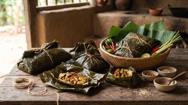 Authentic Indonesian dishes in banana leaf wraps