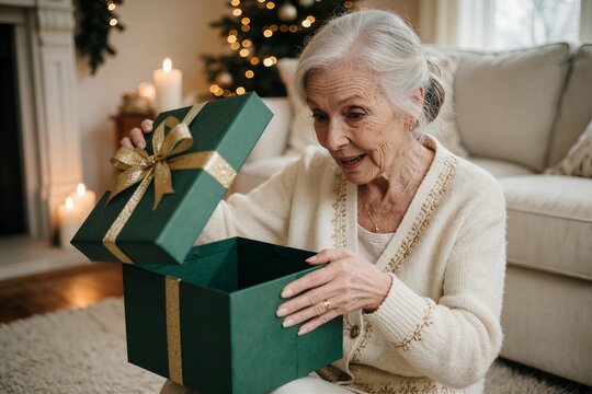 Senior womans delighted surprise as she opens a beautiful green Christmas gift box, capturing a warm holiday moment.