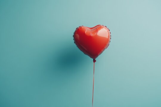 Red heart balloon on blue background for love and romance concepts