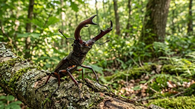 Stag beetle on a mossy tree branch in the forest