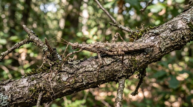 Prickly stick insect camouflaged on a tree branch