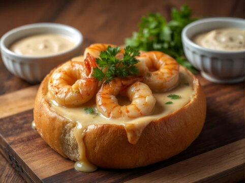 bread bowl filled with creamy shrimp