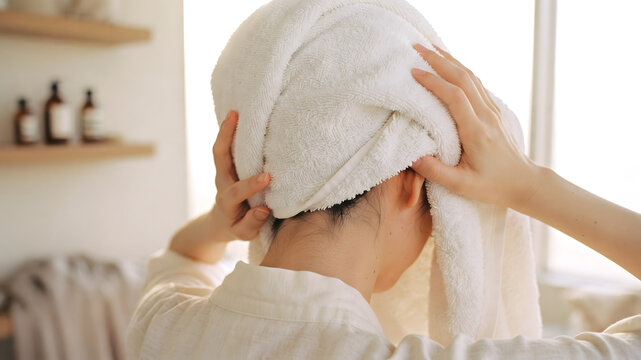 Woman drying wet hair with a white towel after showering