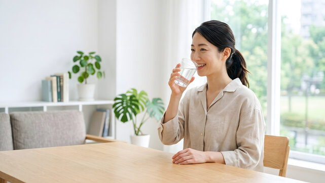 Smiling woman drinking a glass of water in a bright home