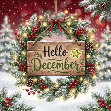 Hello December wooden sign hanging inside a festive spruce wreath with red berries, pinecones, and glowing fairy lights against a snowy winter background