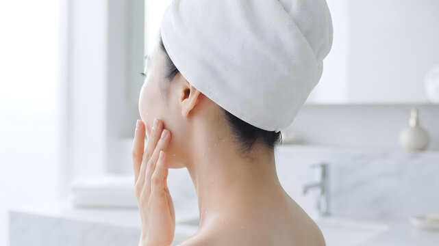 Woman applying skincare after shower with towel wrapped hair