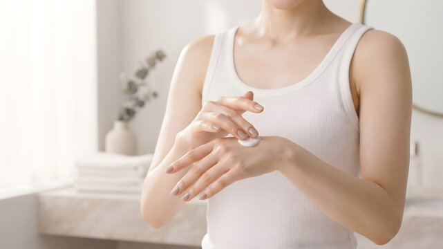 Woman applying hand cream for daily moisturizing skincare