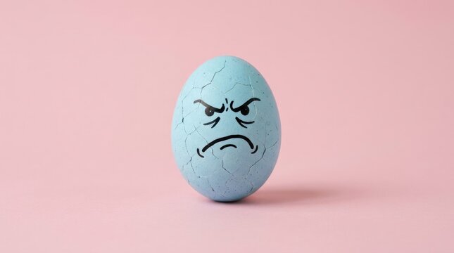 Angry face drawn on blue egg.