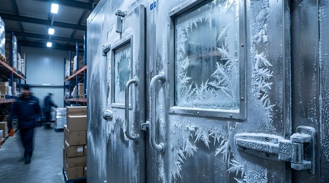 Industrial freezer door covered in thick frost and ice crystals in a cold storage warehouse facility