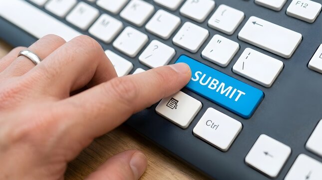 Close-up of finger pressing blue submit key on keyboard for online data entry and form submission