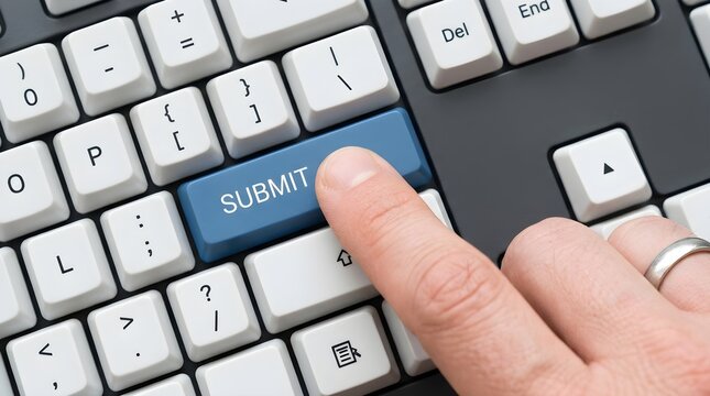 Finger pressing blue submit key on computer keyboard for online application or form entry