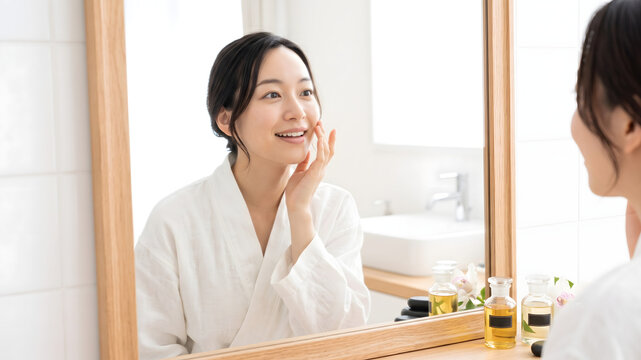 Smiling woman checking smooth facial skin in a bathroom mirror