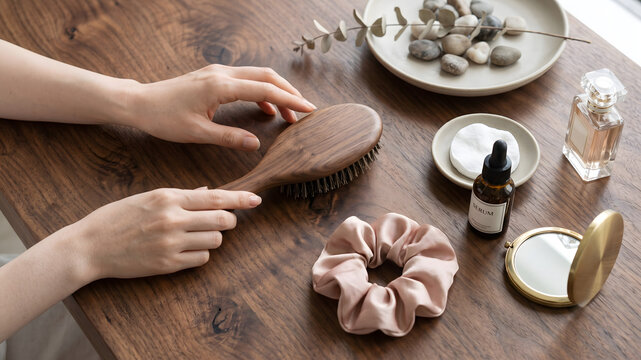Wooden hairbrush and beauty accessories arranged on a table