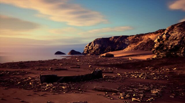 Twilight rocky shore under dramatic clouds, lowangle light carving cliffs, scattered stones reflecting copper tones, distant islets silhouetted against sky,