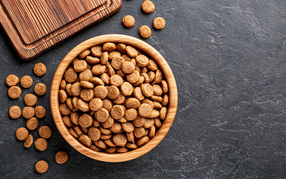 Top View of Dry Pet Food Kibble in a Wooden Bowl on a Dark Textured Surface