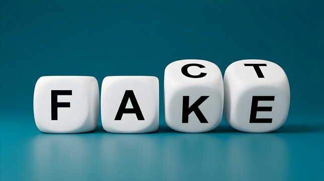 White cubes spelling Fact and Fake words on teal background, concept of truth vs misinformation.